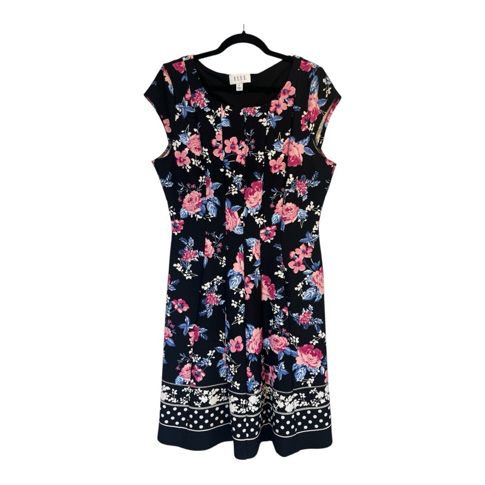 Elle pleated Floral and polkadots Mid length Black Dress Women’s XLarge